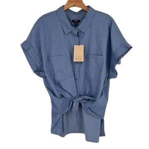 NYDJ Womens Blue chambray Short Sleeve Tie-Front camp shirt Blouse size 1X new